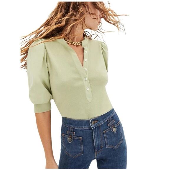 Veronica Beard Coralee Puff Sleeve Polo Top Light Green Blouse Sz XL - Picture 1 of 9